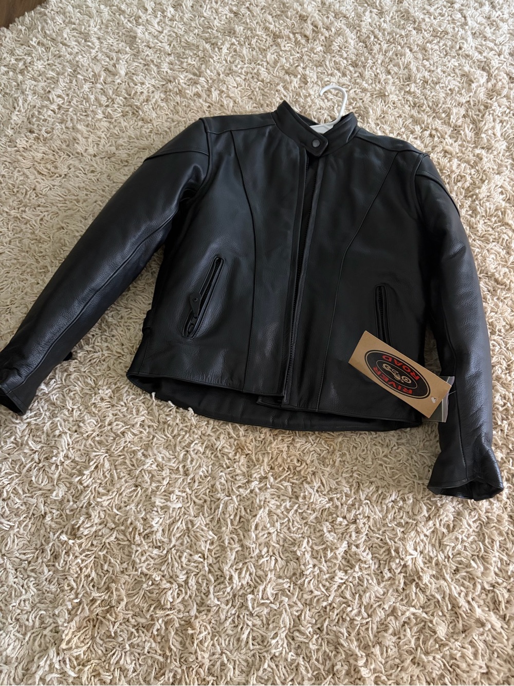 Men/Women Black Leather Jacket with Stand Collar